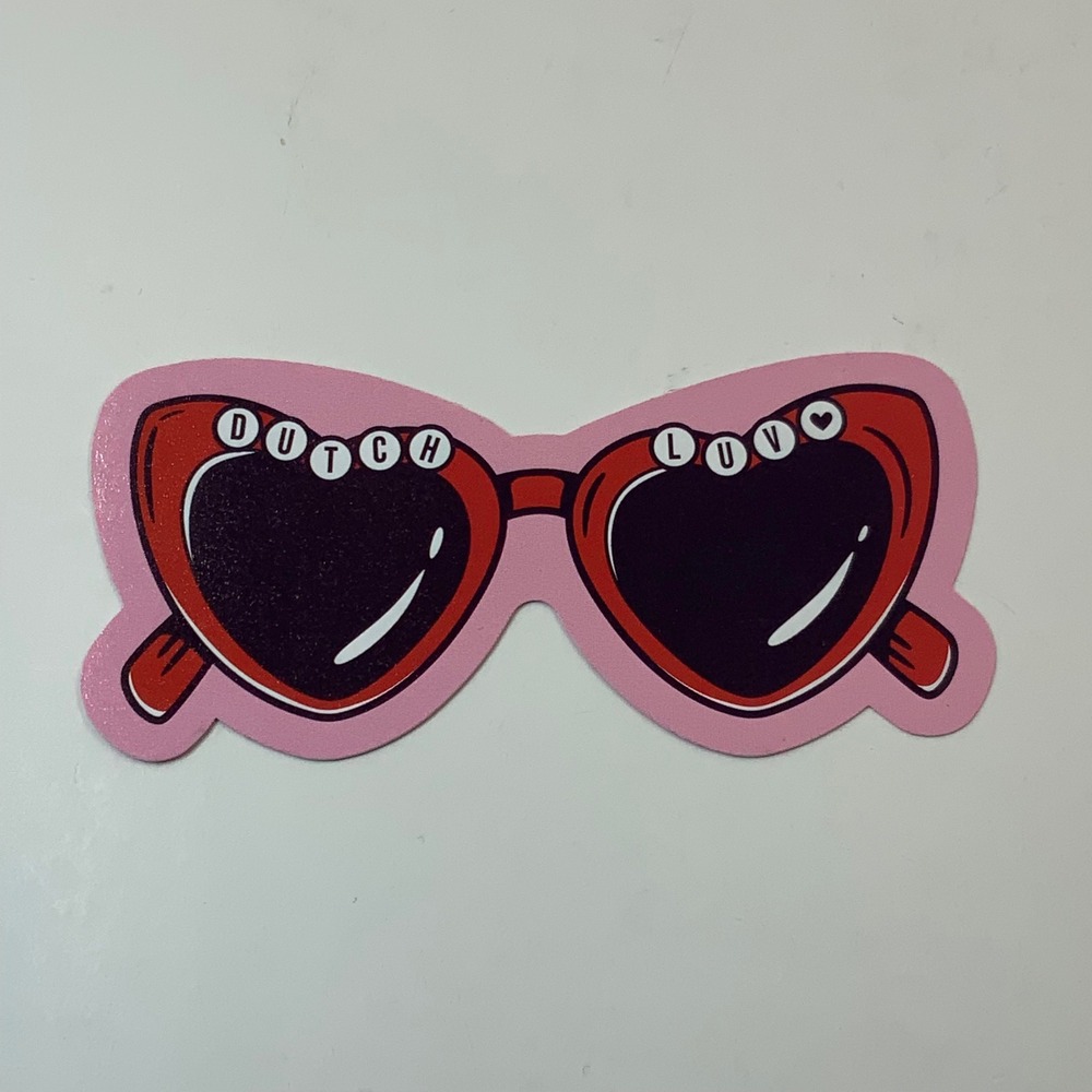 Dutch Bros Coffee Dutch Luv February 2026 Heart Sunglasses Sticker Red Pink